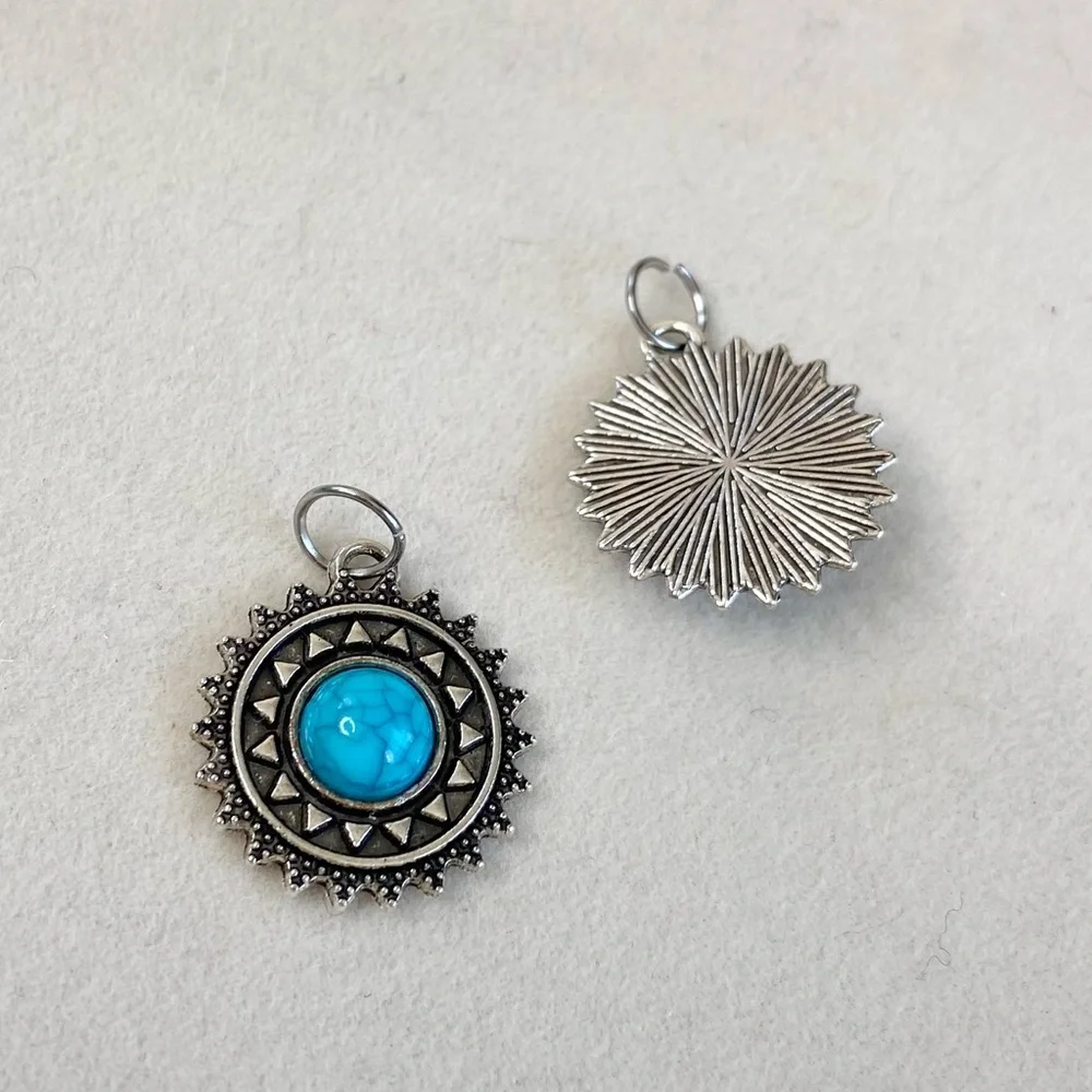 Vintage Turquoise Medallion Charm – Silver Tone Round Pendant